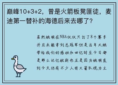 巅峰10+3+2，曾是火箭板凳匪徒，麦迪第一替补的海德后来去哪了？